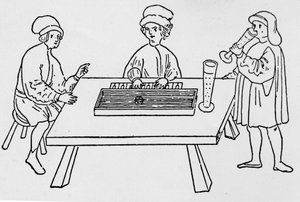 Eine der ersten Darstellungen eines Clavichords. Weimar, 15. Jahrhundert.