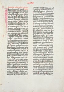 Eröffnungsseite des Buches Genesis aus der Gutenberg-Bibel, gedruckt von Johannes Gutenberg (ca. 1400-68) und Peter Schoeffer (1425-1502) in Mainz, 1454-56 (gedrucktes Papier) von German School