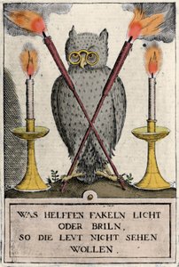 Eule mit Brille, Symbol der Weisheit. Gravur aus dem "Amphitheatrum sapientiae aeternae". (Amphitheater der ewigen Weisheit) (Hamburg: n.n.) von German School