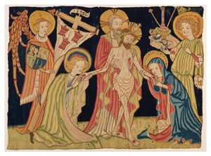 Teil eines Altartuch-Wandteppichs, der die Heilige Dreifaltigkeit, die Jungfrau, St. Johannes und zwei Engel darstellt, aus Nürnberg, ca. 1420 von German School