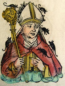 Porträt von Hatto, der Erzbischof von Mainz, dargestellt wie er von Mäusen lebendig gefressen wird, veröffentlicht in der Nürnberger Chronik, 1493