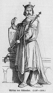 Porträt von Philipp I. von Schwaben, deutscher Kaiser, König der Römer und König von Italien. Gravur in „Kaiser, König und Papst“ von Richard Roth