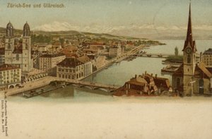 Postkarte mit einer Gesamtansicht der Stadt Zürich von German School