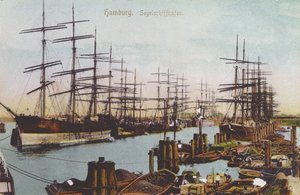 Postkarte des Segelschiffhafens in Hamburg, ca. 1900