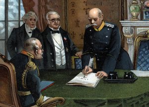 Vorläufiger Friedensvertrag vom 26. Februar 1871, unterzeichnet in Versailles, Ende des Deutsch-Französischen Krieges zwischen dem Chef der Exekutivgewalt der Republik, Herrn Adolphe Thiers, und dem Außenminister, Herrn Jules Favre, Vertreter Frankreichs, von German School