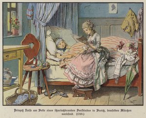 Prinzessin Louise von Mecklenburg-Strelitz liest am Bett eines kranken Dorfmädchens in Broich