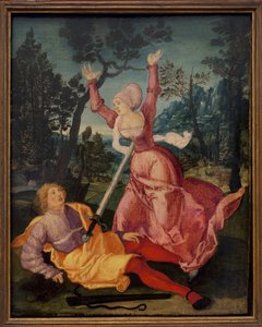 Pyramus und Thisbe. (Die beiden Babylonier liebten sich trotz des Widerstands ihrer Familien, beschlossen zusammen zu fliehen, sie treffen sich am Fuß eines Maulbeerbaums. Pyramus glaubt, dass seine Freundin von einer Löwin gefressen wurde und ersticht sic