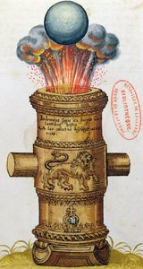 Erhöhte Kanone, die eine Kanonenkugel abfeuert, aus Die Kunst der Artillerie, 1570 von German School
