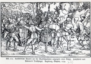 Rebellische Bauern umgeben einen Ritter, aus einer Illustration zu Trostspiegel von Petrarca, 1539 von German School