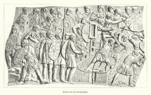 Relief von Trajanssäule, Rom, Darstellung der Römer, die die Daker besiegen (Gravur)