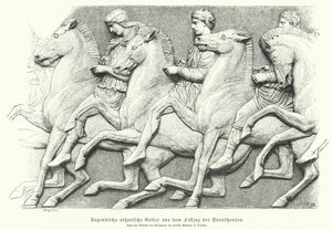 Relief vom Parthenonfries, das athenische Jugendliche auf Pferden darstellt