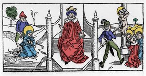 Darstellung des Martyriums der heiligen Symphorosa, einer Christin des 2. Jahrhunderts, und ihrer sieben Söhne, unter der Herrschaft von Kaiser Hadrian. Gravur aus „Leben der Heiligen - Sommerteil“ von Jacobus (James) von Voragine (1228-1298)