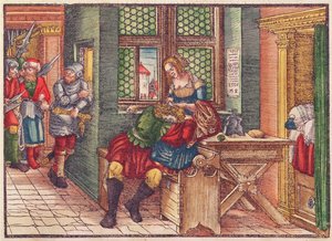 Samson und Delilah, aus der Lutherbibel, ca. 1530 (kolorierter Holzschnitt) von German School