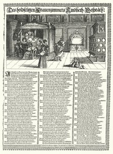 Satirisches Gedicht über das Klatschen von Frauen (Stich) von German School