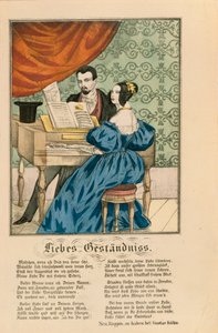 Szene zeigt ein Paar am Klavier, mit einem Liebesgedicht darunter, aus Neuruppiner Bilderbogen, 1850 von German School