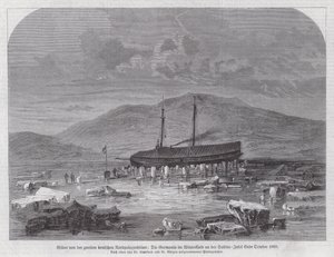 Schoner Germania bei der Sabine-Insel vor der Ostküste Grönlands, zweite deutsche Nordpolarexpedition, Ende Oktober 1869 (Stich) von German School