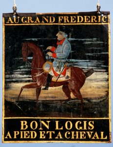 Wegweiser mit Friedrich dem Großen zu Pferd für das Gasthaus Le Cadiot