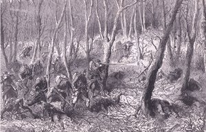 Scharmützel im Wald außerhalb von Paris, Cassells Geschichte des Krieges zwischen Frankreich und Deutschland, veröffentlicht von Cassell und Company Limited, ca. 1890 von German School