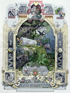 Schneewittchen in ihrem gläsernen Sarg, Illustration aus Muenchener Bilderbogen, ca. 1880
