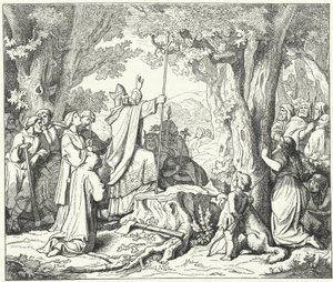 Der heilige Bonifatius fällt die Donareiche, die den heidnischen Deutschen heilig war (Gravur)