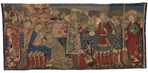 Wandteppich-Antipendium, das die Anbetung der Heiligen Drei Könige und zwei Heilige darstellt, Nürnberg