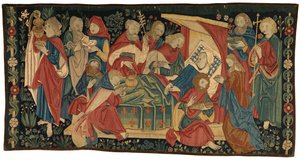 Wandteppich-Antipendium, das den Tod der Jungfrau darstellt, aus Nürnberg (Wolle, gelbe Seide & Goldfaden) von German School