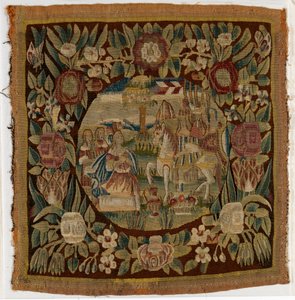 Wandteppich-Kissenbezug mit David und Abigail, Samuel XXV, möglicherweise hergestellt in Hamburg, Deutschland, um 1615