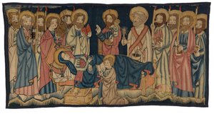 Wandteppichpanel, das den Tod der Jungfrau darstellt, aus dem Mittelrhein, möglicherweise Trier, Mitte des 15. Jahrhunderts von German School
