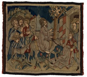 Wandteppichpanel mit Szenen aus der Passion von einem Antependium, aus dem Oberrheingebiet von German School