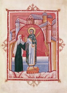 Die Äbtissin Hilda bietet das Evangelium der hl. Walburga an von German School