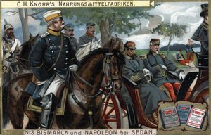 Die Schlacht von Sedan, Krieg von 1870: General Otto von Bismarck (1815-1898), König von Preußen, eskortiert Kaiser Napoleon III. (Louis Napoleon Bonaparte