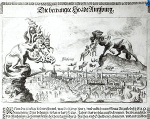 Die Stadt Augsburg gezwungen, die katholische Herrschaft 1629 zu akzeptieren (Gravur)