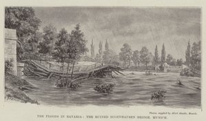 Die Überschwemmungen in Bayern, die zerstörte Bogenhausen-Brücke, München (Lithografie) von German School