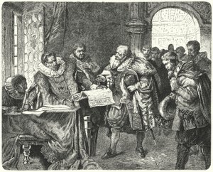 Der Heilige Römische Kaiser Rudolf II. gewährt den böhmischen Protestanten größere Religionsfreiheit in seinem Majestätsbrief