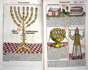 Die Menora und ein hebräischer Priester, aus der Nürnberger Chronik von Hartmann Schedel (1440-1514) 1493