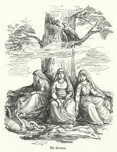 Die Nornen, weibliche Wesen der nordischen Mythologie (Gravur)