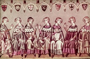 Die sieben Kurfürsten wählen Heinrich VII., Heiligen Römischen Kaiser, Illustration aus der Chronik von Heinrich VII. (Balduineum) 1341