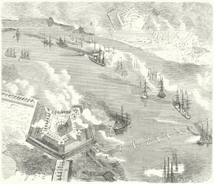Die Union-Flotte greift Fort Jackson und Fort St. Philip, Louisiana, Amerikanischer Bürgerkrieg, 1862 an von German School