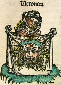 Das Schweißtuch der Veronika, veröffentlicht in der Nürnberger Chronik, 1493 von German School