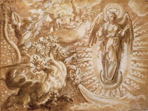Die Frau mit der Sonne bekleidet und der siebenköpfige Drache, ca. 1600 von German School