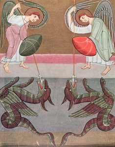 Die Engel, die den heiligen Michael begleiten, greifen die Drachen an, Faksimile der Bamberger Apokalypse