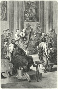 Der blinde Appius Claudius Caecus spricht im Römischen Senat gegen Cineas, den Botschafter von Pyrrhus von Epirus, 279 v. Chr. (Gravur) von German School