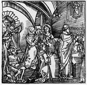 Die Teufel schreiben das Geschwätz der Händler während der Messe auf - in „Der Ritter von Turn“ von Ritter Marquard vom Stein 1498 von German School