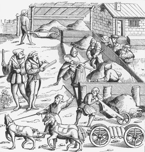 Die Metallgewinnung, nach einem Holzschnitt in Cosmographie Universelle von Munster, veröffentlicht 1552 von German School