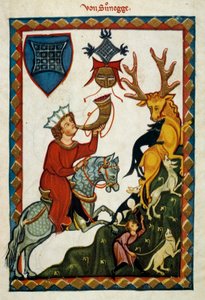 Die Freuden der Jagd: König Radin von Hohenstaufen, König von Sizilien (Italien) und Jerusalem (Israel) unter dem Namen Konrad II., Herzog von Schwaben unter dem Namen Konrad III. und König der Römer unter dem Namen Konrad V. (1252-1268) jagt Hirsche (Illu von German School