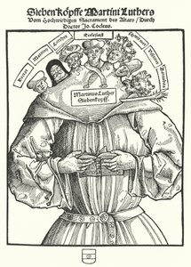 Titelseite des Pamphlets Die sieben Köpfe Martin Luthers von Johannes Cochlaeus