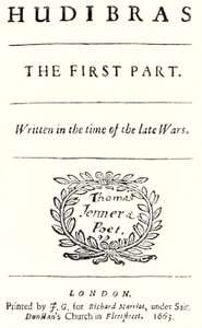 Titelseite des satirischen Gedichts Hudibras von dem englischen Dichter Samuel Butler, veröffentlicht 1663 (Stich)