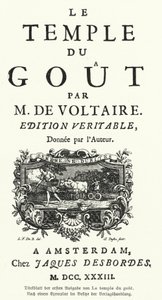 Titelseite der Erstausgabe von Le Temple du Gout des französischen Schriftstellers und Philosophen Voltaire von German School