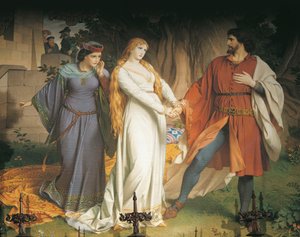Tristan und Isolde treffen sich heimlich zum letzten Mal, aber ihr Treffen wird verraten und König Marke verwundet Tristan mit einem vergifteten Speer von German School