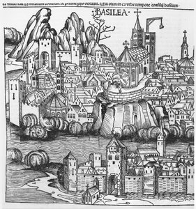 Ansicht von Basel, Illustration aus der Chronik von Nürnberg von Hartmann Schedel (1440-1514) 1493
